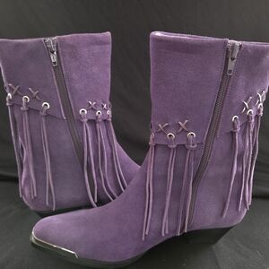 Women's Purple Suede Fringe Ankle Boots with Side Zipper